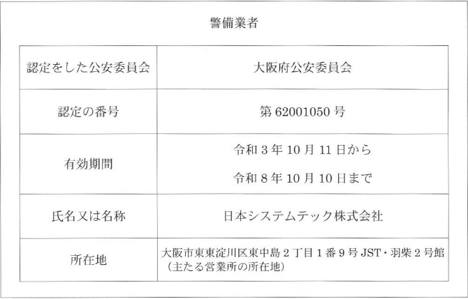認定をした公安委員会：大阪府公安委員会、認定の番号：第62001050号、有効期限：令和3年10月11日から令和8年10月10日まで、氏名又は名称：日本システムテック株式会社、所在地：大阪市東淀川区東中島2丁目1番9号　JST・羽柴2号館（主たる営業所の所在地）